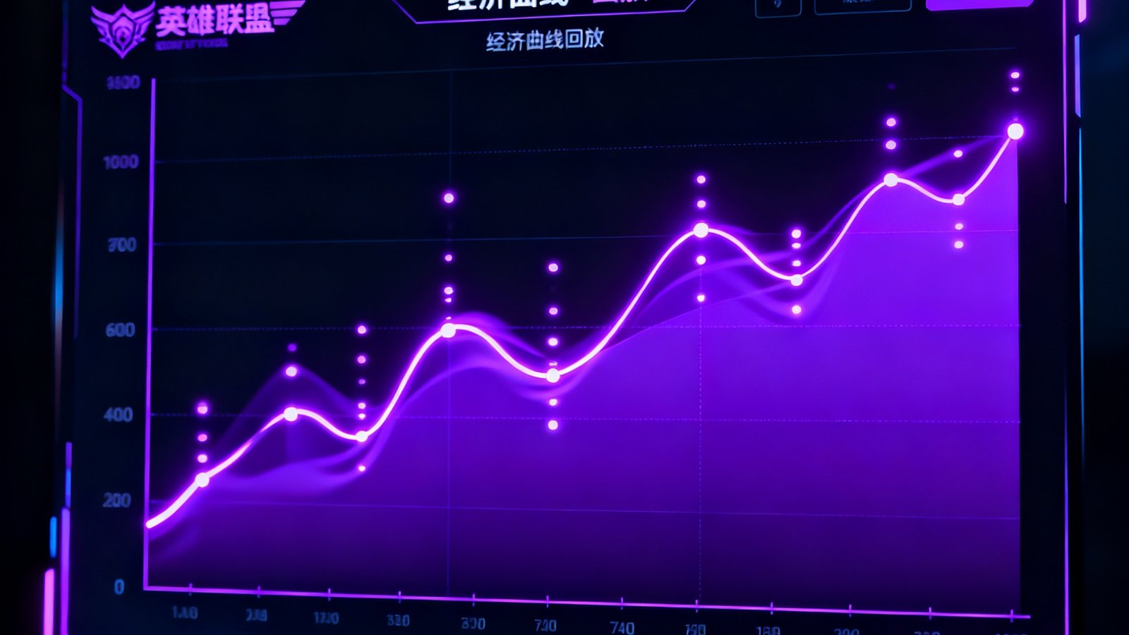 电竞专区界面，展示英雄联盟比赛经济曲线回放功能，深色背景上霓虹紫色数据图表